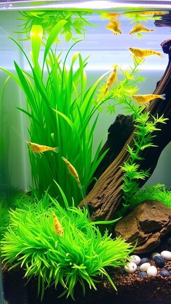 A 2.5-gallon shrimp tank filled with colorful shrimp and lush plants, creating a serene aquatic scene.